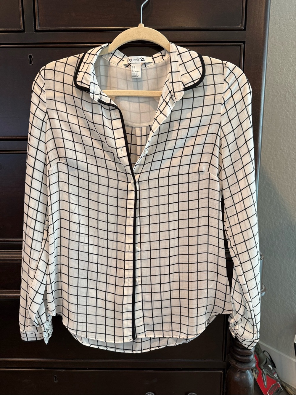 Forever 21 White and Black Grid Button-Down Blouse